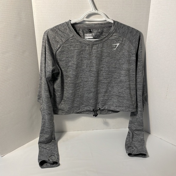 Gymshark cropped long sleeve workout top with cut our at elbow. Grey. Size M - Picture 1 of 9